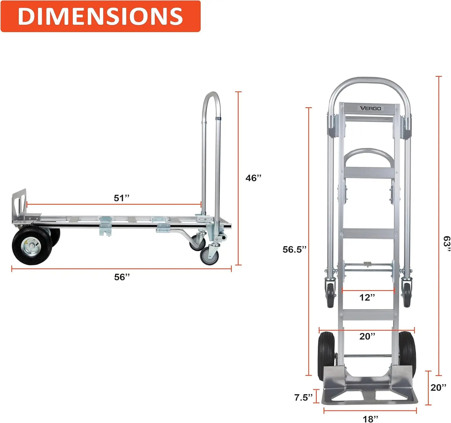 Industrial Convertible Hand Truck - AS7B Heavy Duty Aluminum 2 in 1 Dolly (800 lb Capacity) Lightweight Reinforced Frame, Ergono