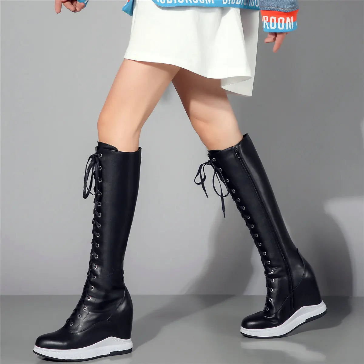 Winter Shoe Plus Size Shoes Women Genuine Leather Wedges High Heel Knee High Boots Female Round Toe Platform Pumps Big Size Shoe