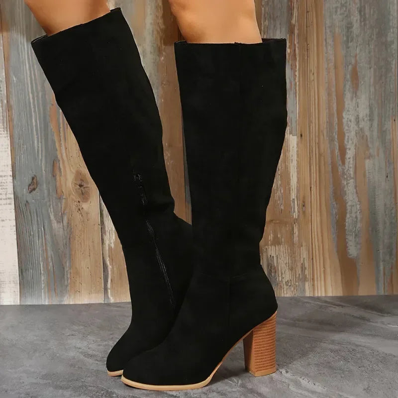 Women Retro High Heels Boots Western Cowboy Chunky Shoes Winter New Warm Plush Leather Knee High Long Suede Boots 2024