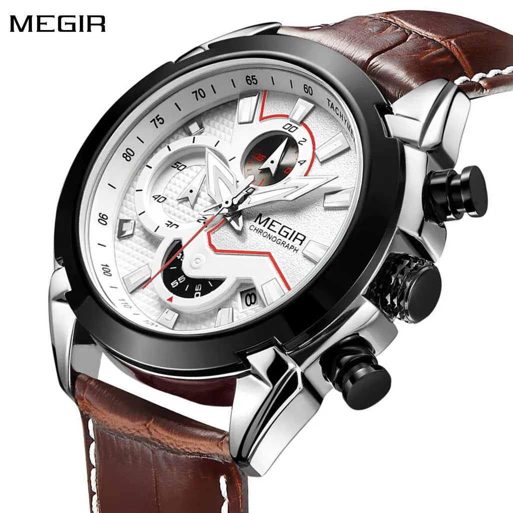 MEGIR Military Sport Watch for Men Top Brand Luxury Watches Leather Strap Quartz Wristwatch Man Clock Chronograph Reloj Hombre
