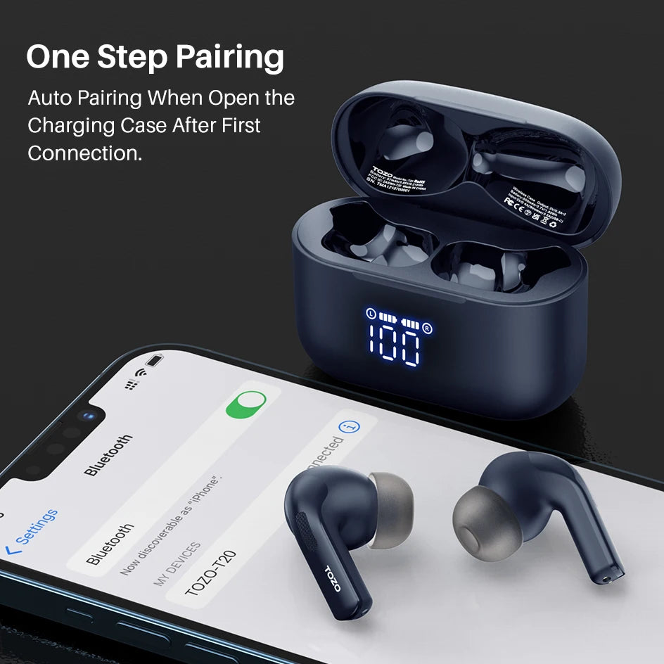 TOZO T20 Wireless Earbuds Bluetooth Headphones ENC with Dual Mic Call Noise Cancel LED Digital Display
