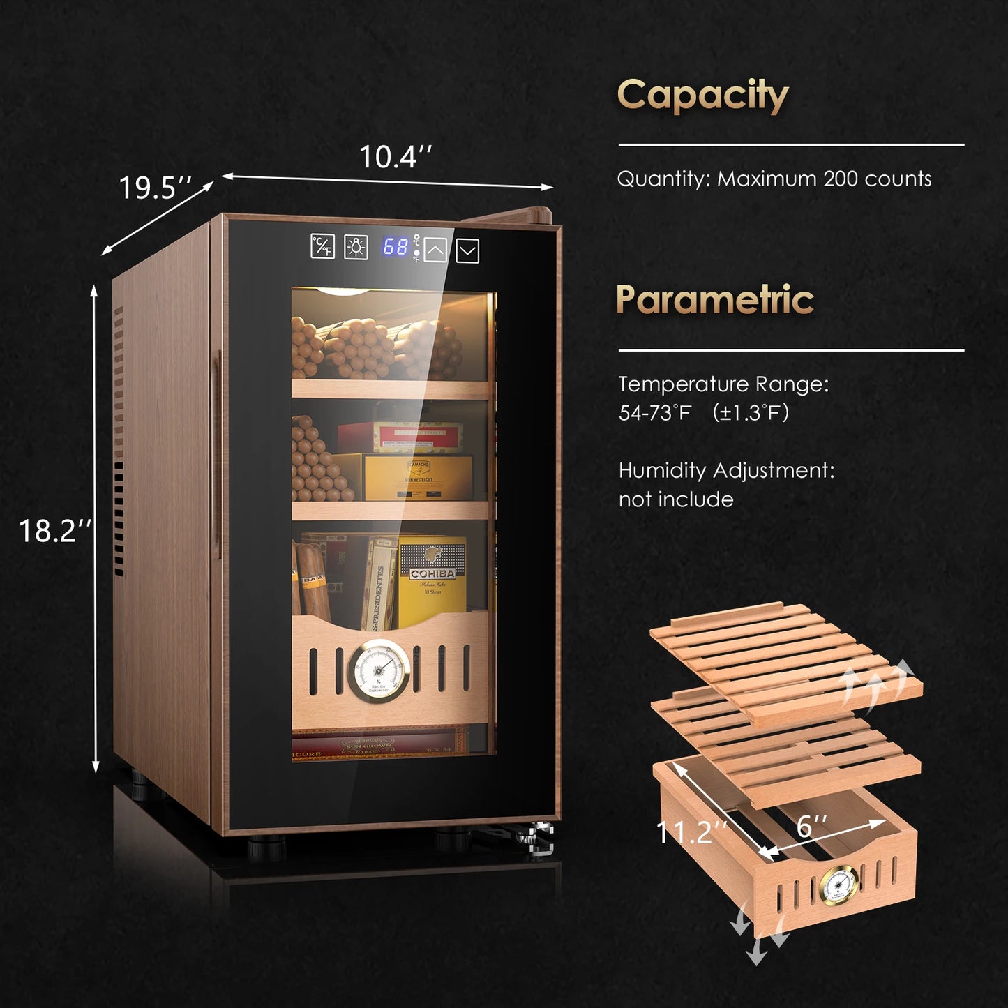 26L Thermostatic Electric Humidor 200 Counts Wooden Large Cigar Humidor Cooling and Heating Temperature Control Cigar Fridges