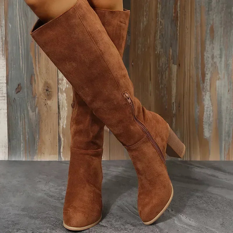 Women Retro High Heels Boots Western Cowboy Chunky Shoes Winter New Warm Plush Leather Knee High Long Suede Boots 2024