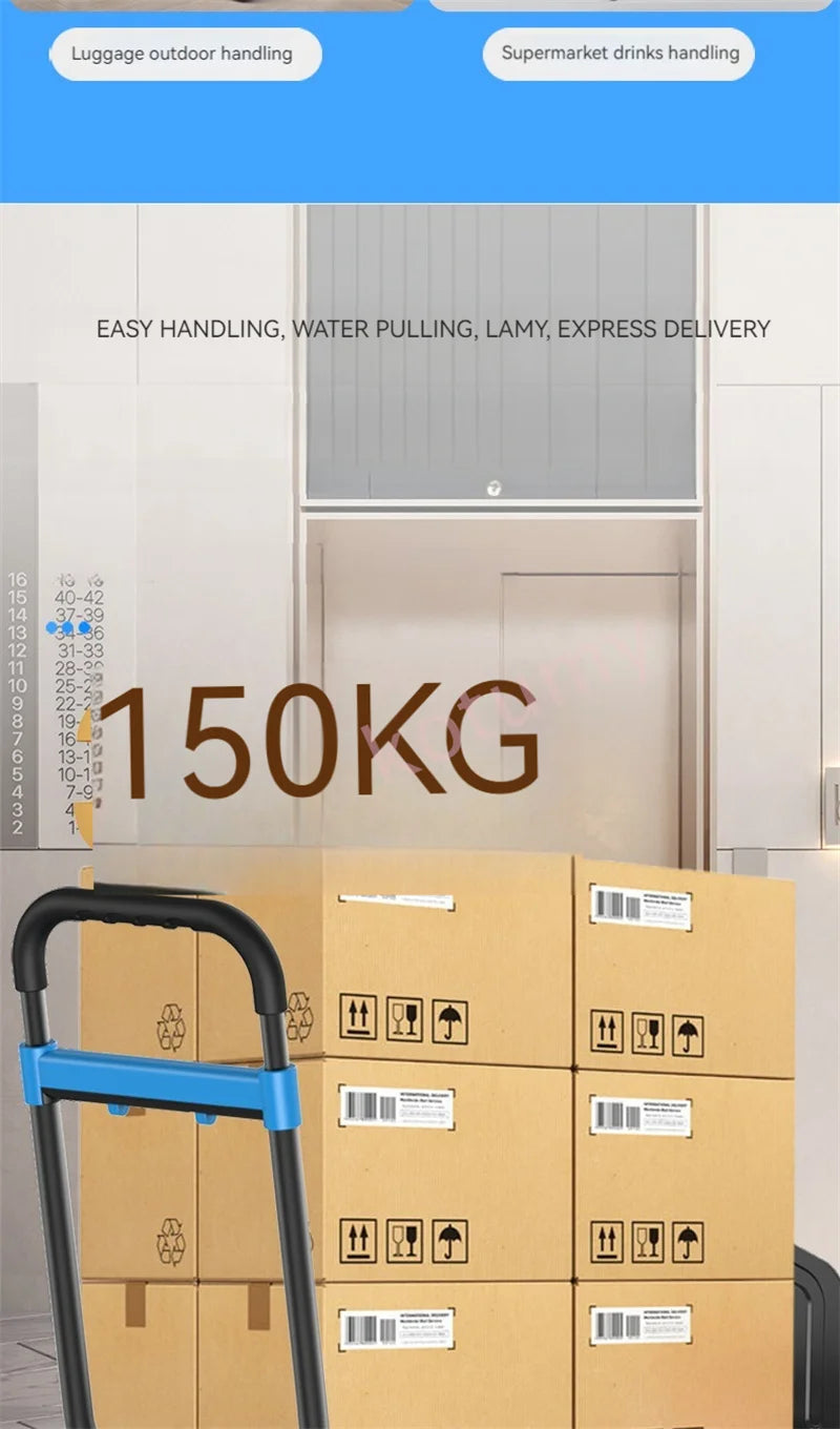Multi-Position Folding Hand Truck,Four Wheel Luggage Cart 150kg,Pull Rod Adjustable Length,Four Wheel,Outdoor Camping Wagon