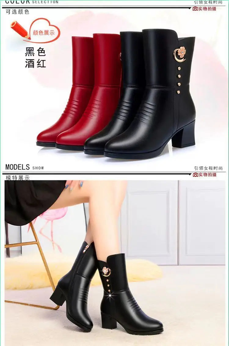 Soft Leather Ankle Boots for Women Spring Winter with Plush Warm Side Zipper Round Toe High Heel Lady Boots Casual Mom Shoes