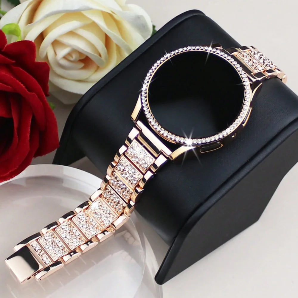 Rhinestone Watch Strap+PC Case For Samsung Galaxy Watch 7 FE 6 5 4 (44mm/40mm) Tempered Glass Protective Case Cover Metal Band