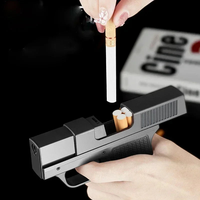 Unusual Pistol Style Lighters with Cigarette Case Jet Turb Torch Lighter Capacity 10PCS Cigarette Windproof Cigar Lighter