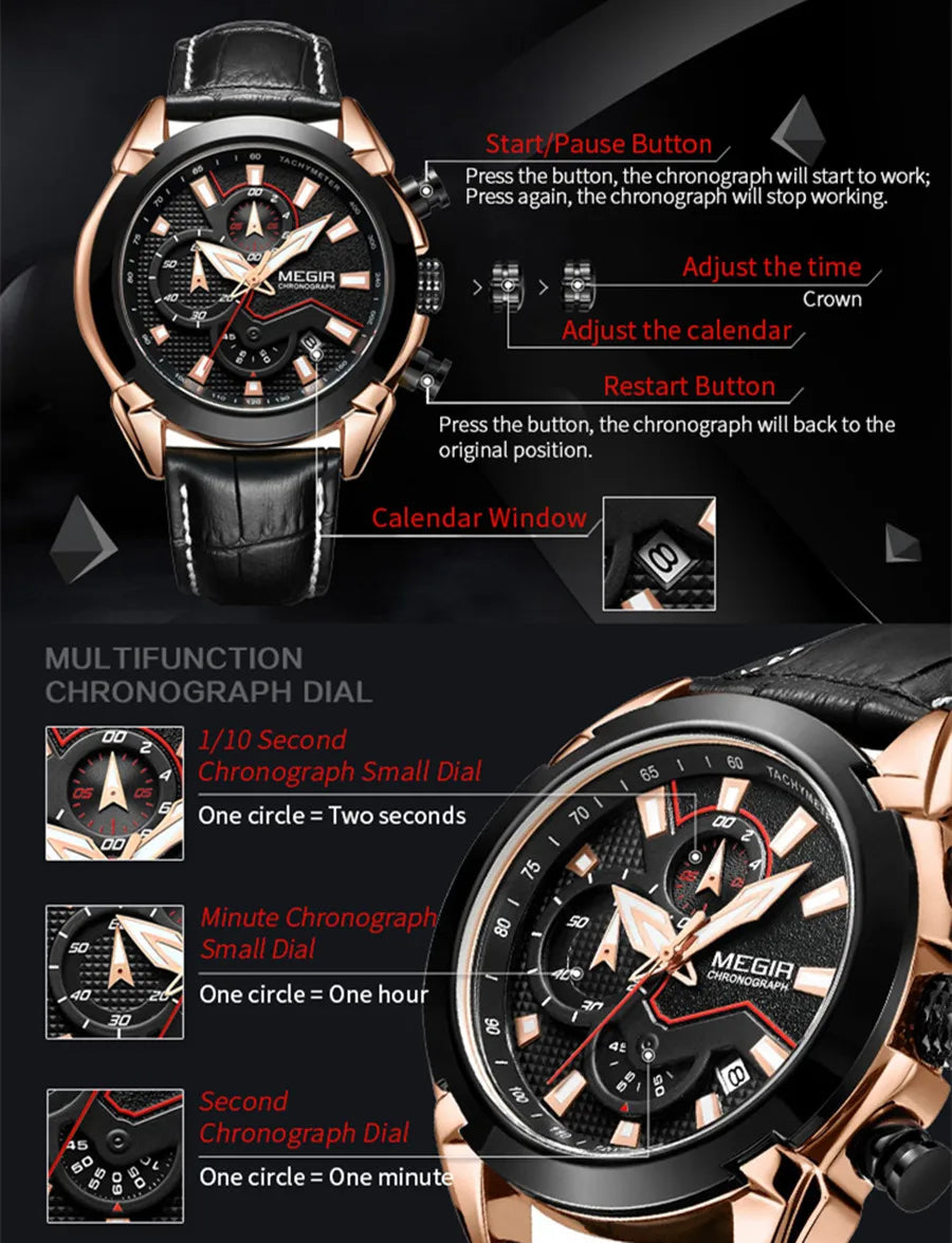 MEGIR Military Sport Watch for Men Top Brand Luxury Watches Leather Strap Quartz Wristwatch Man Clock Chronograph Reloj Hombre