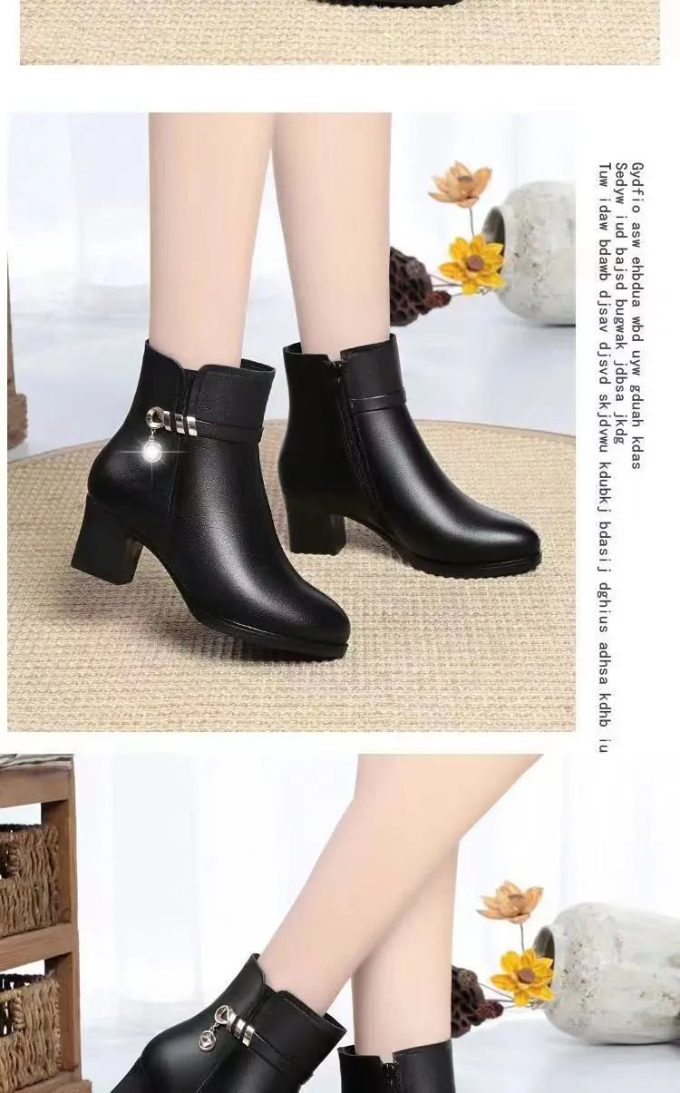 Soft Leather Ankle Boots for Women Spring Winter with Plush Warm Side Zipper Round Toe High Heel Lady Boots Casual Mom Shoes