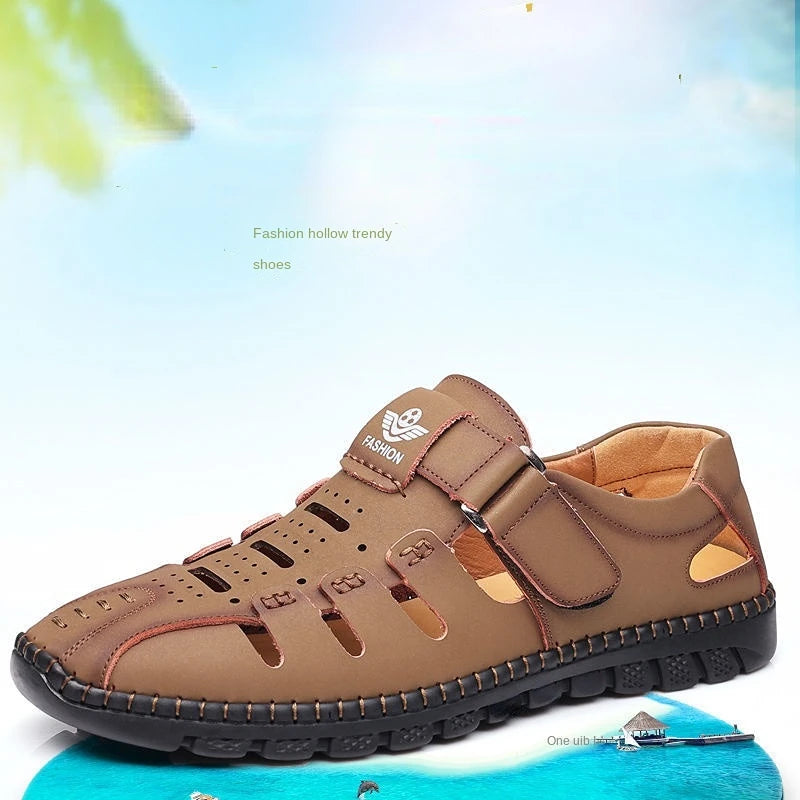 Mens Summer Sandals for Beach Leather Hollow Soft Sandals Non Slip Closed Toe Breathable Quick Drying Hole Shoes sandals for men
