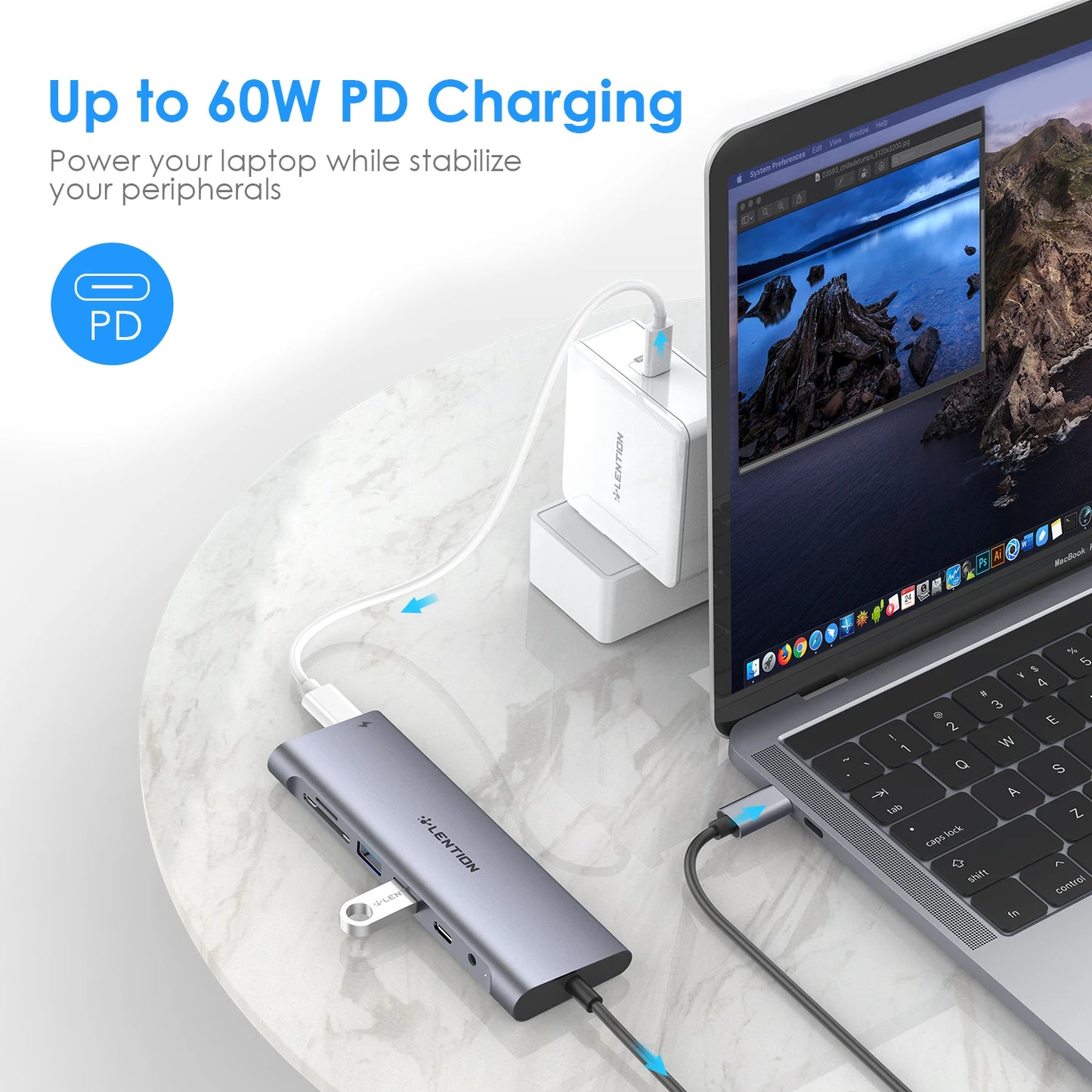 4K HDMI Long Cable Docking Station USB C Hub Type-C USB 3.0Card Reader Charging Adapter MacBook Pro Air Laptop Splitter