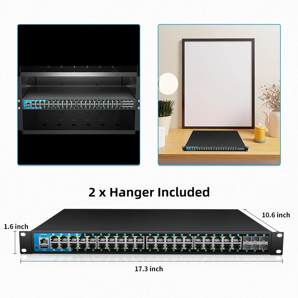 48 Port Gigabit PoE Switch Managed with 48 PoE+ Ports @400W 6 10G SFP Slots IPv6 Static Routing Rackmounting
