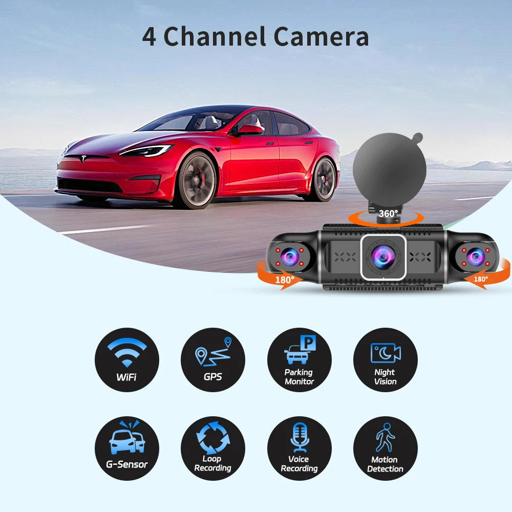 Car DVR Dash Cam WiFi GPS 24H Parking Monitoring Free 64G+Rear Camera 360-Degree Driving Recorder APP Control Installation Tool