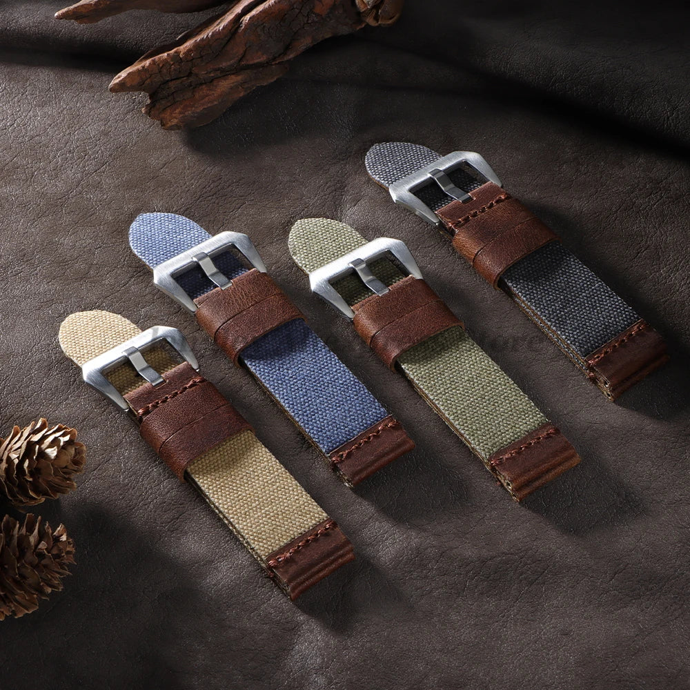 Handmade Canvas Leather Watch Strap 20mm 22mm 24mm for Panerai for Omega Army Green Men Women Watch Bracelet Military Watchband
