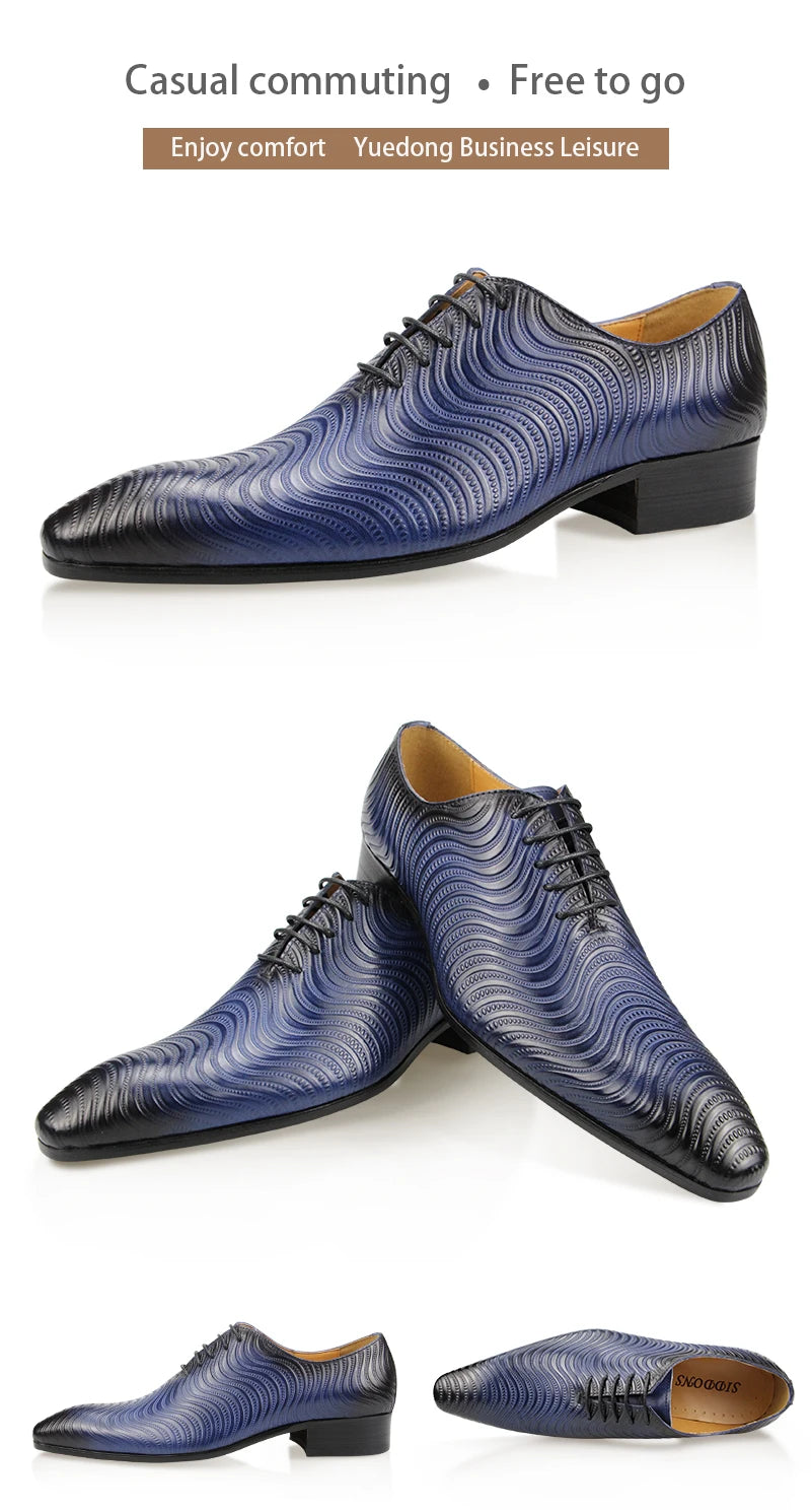 Men Shoes Luxury Oxford Shoe Genuine Leather Handmade Black Blue Prints Lace Up Pointed Toe Wedding Office Formal Dress Men Shoe