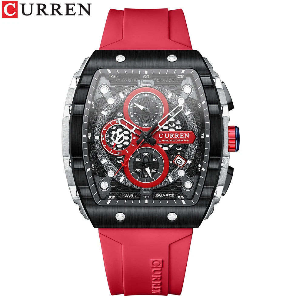 CURREN Fashion Sports Watches with Large Dial Unique RectangularHollow Design Quartz Wristwatches with Chrongraph Auto Date 8442