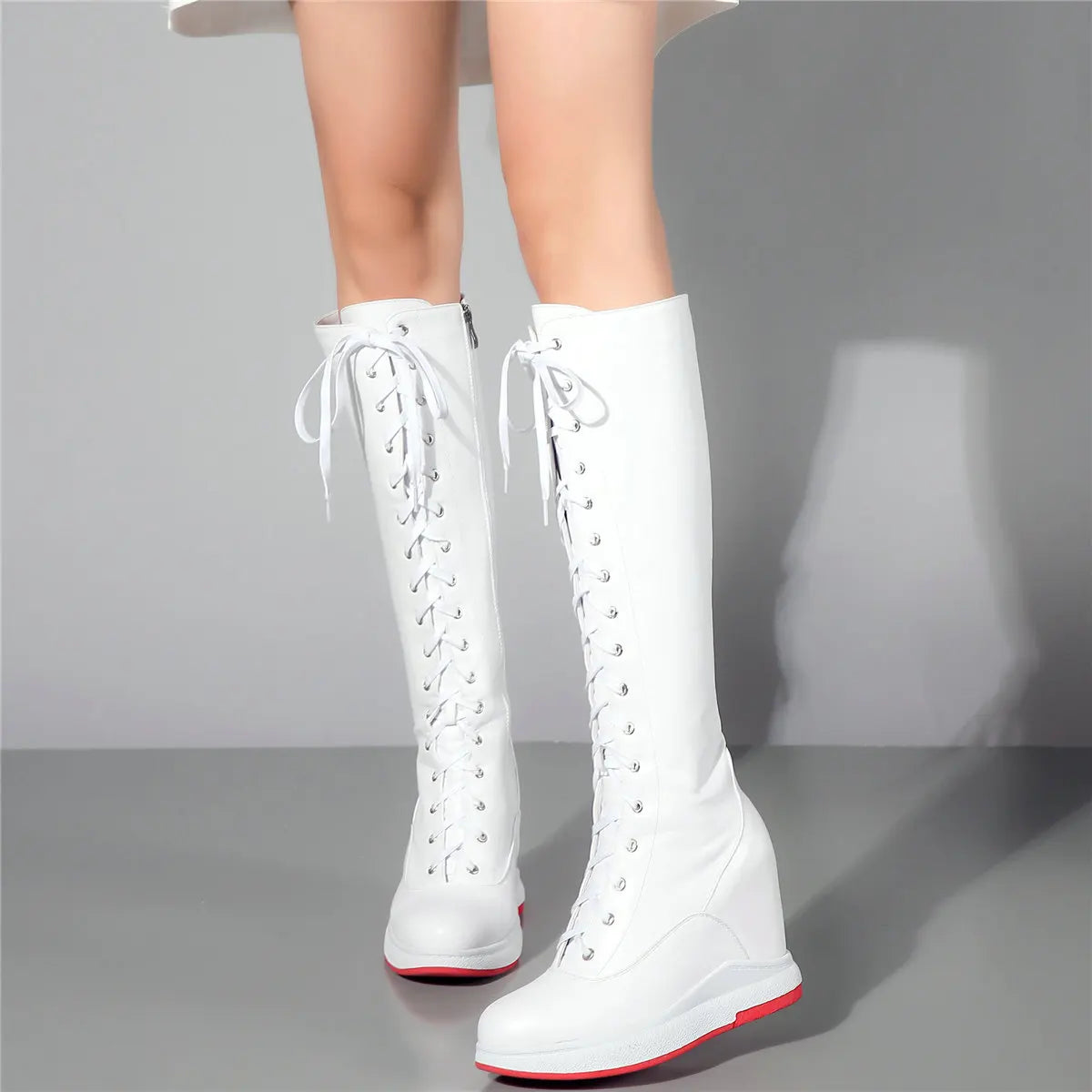 Winter Shoe Plus Size Shoes Women Genuine Leather Wedges High Heel Knee High Boots Female Round Toe Platform Pumps Big Size Shoe