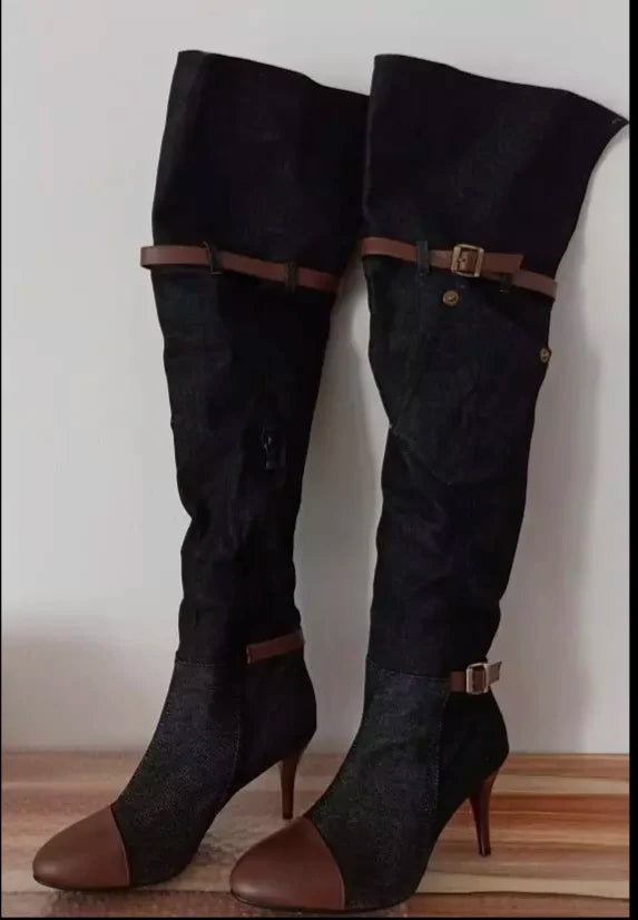 Botas Over The Knee Women Boots Autumn Winter Denim High Heels Ladies Shoes Sexy Buckle Strap Platform Long Boot Thigh High Boot