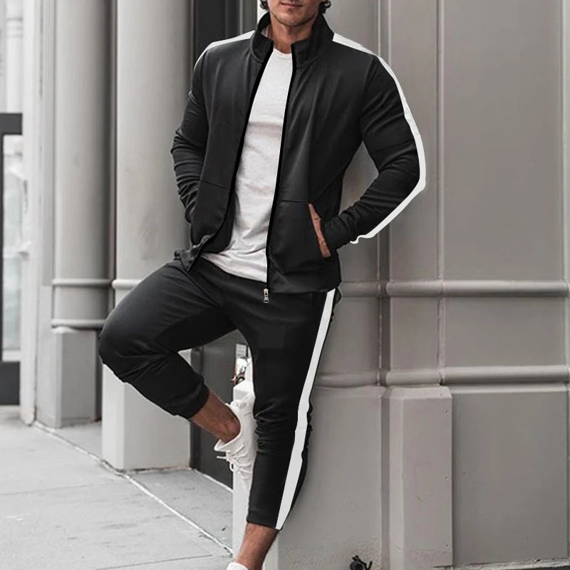Men Two Peice Matching Striped Zipper Jacket & Trousers Sweat Suit