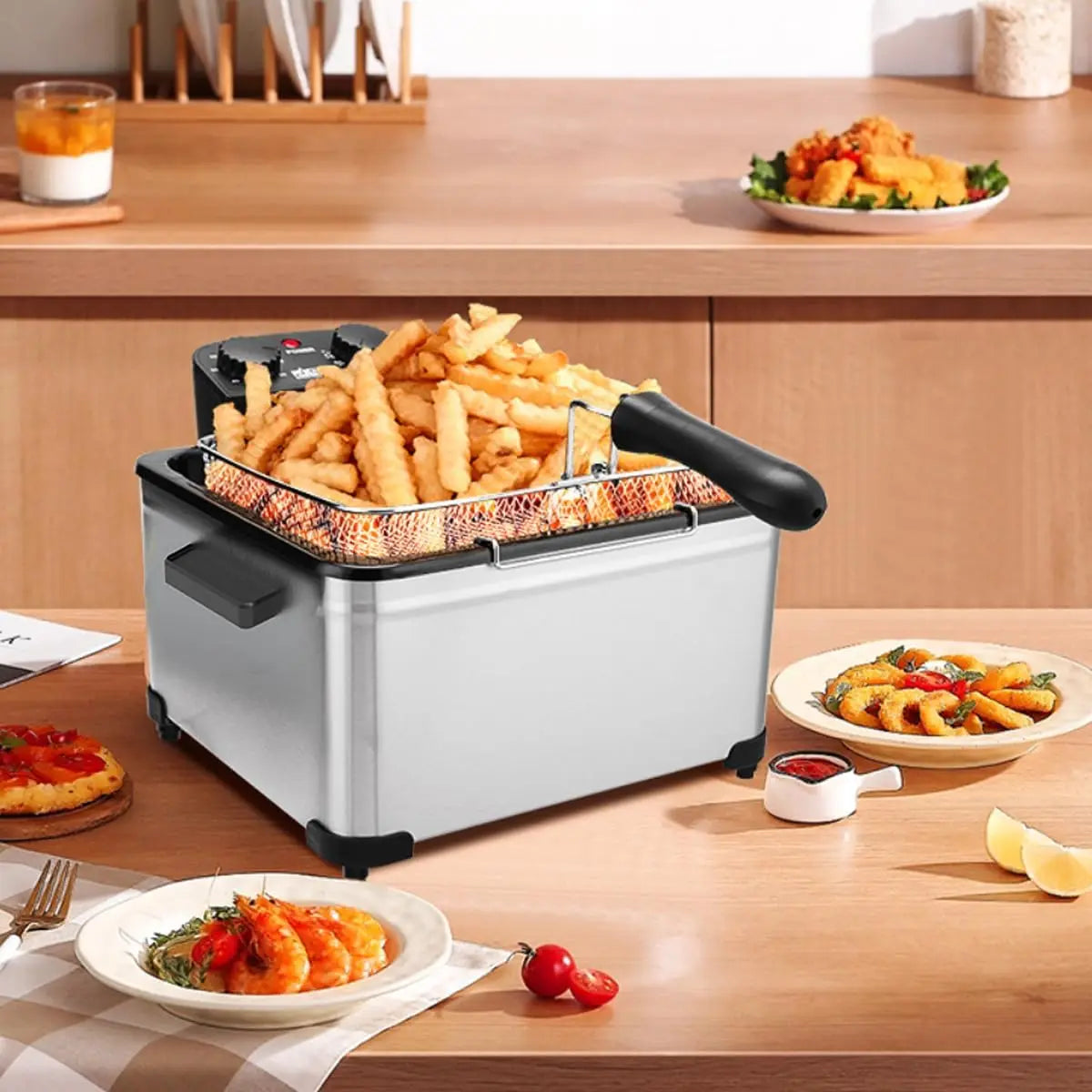 1800W 5 Liters/21 Cups Large Electric Deep Fryer with 3 Frying Baskets for Home Use, Adjustable Temperature,View Window Lid