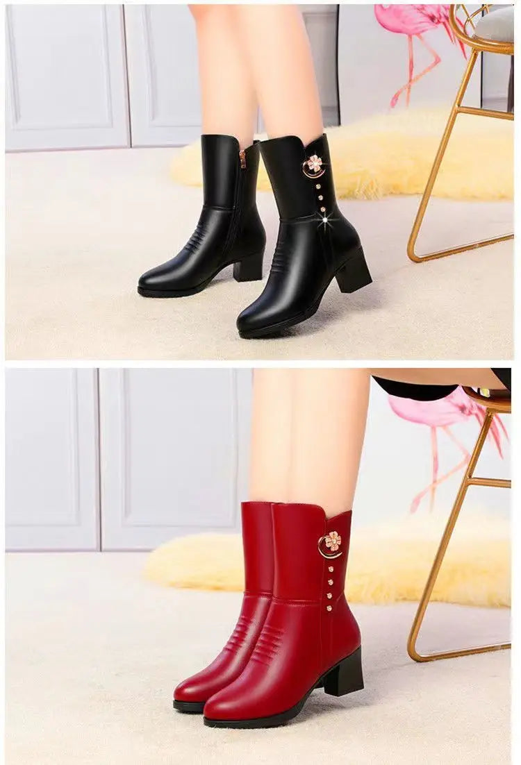 Soft Leather Ankle Boots for Women Spring Winter with Plush Warm Side Zipper Round Toe High Heel Lady Boots Casual Mom Shoes
