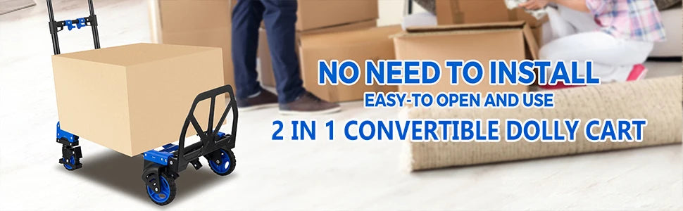 Hand Truck, Heavy Duty Hand Truck Dolly Cart, Convertible Dolly Cart 330lbs Capacity W/Foldable Basket, 2 in 1 Luggage T