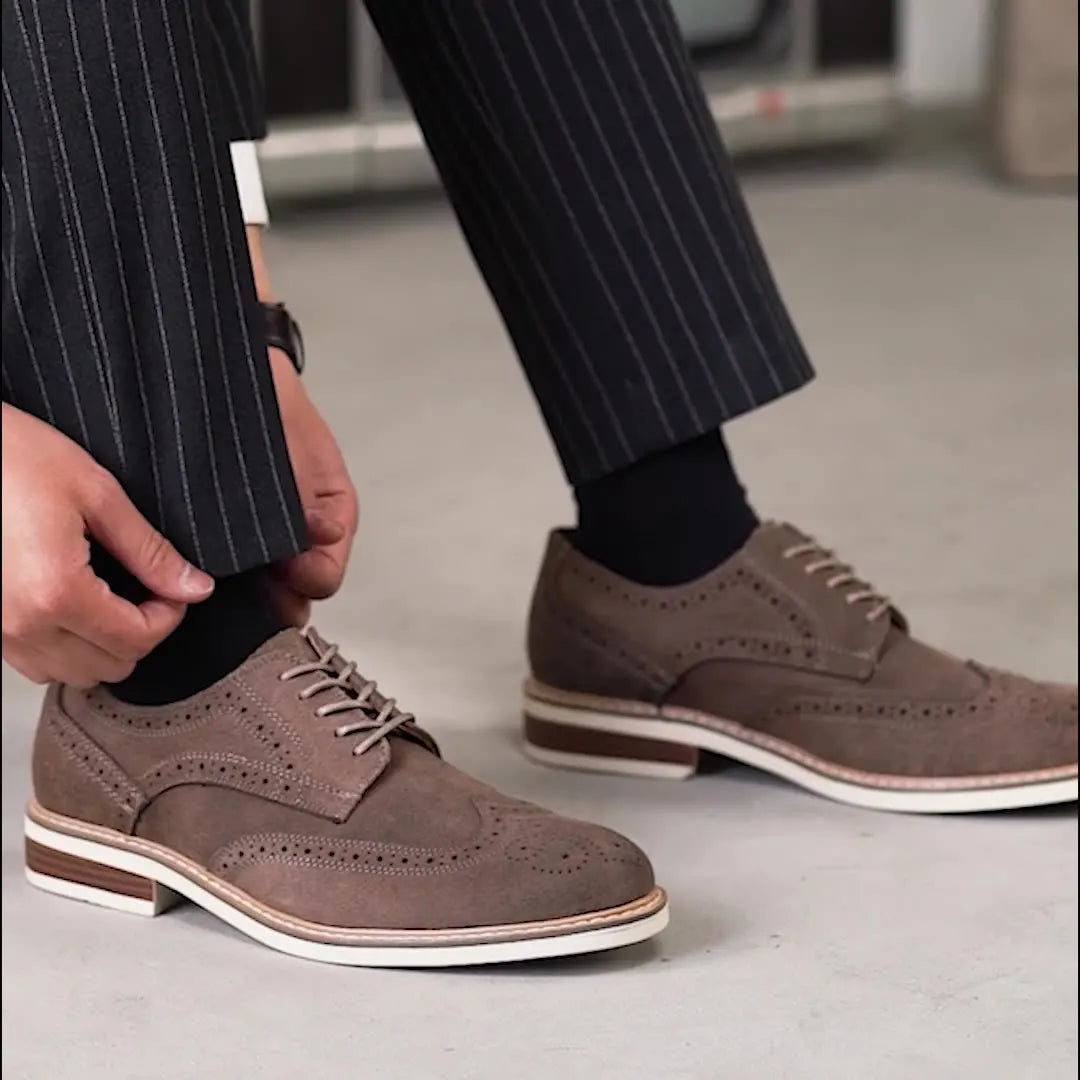 Man Derby Shoes Genuine Split Suede Leather Full Brogue Long Wing Dress Business Men Casual Comfortable Wedding Party Suits