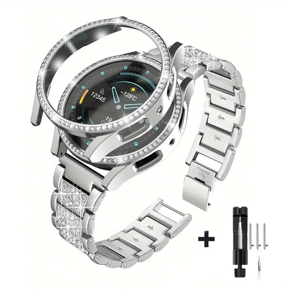 Rhinestone Watch Strap+PC Case For Samsung Galaxy Watch 7 FE 6 5 4 (44mm/40mm) Tempered Glass Protective Case Cover Metal Band