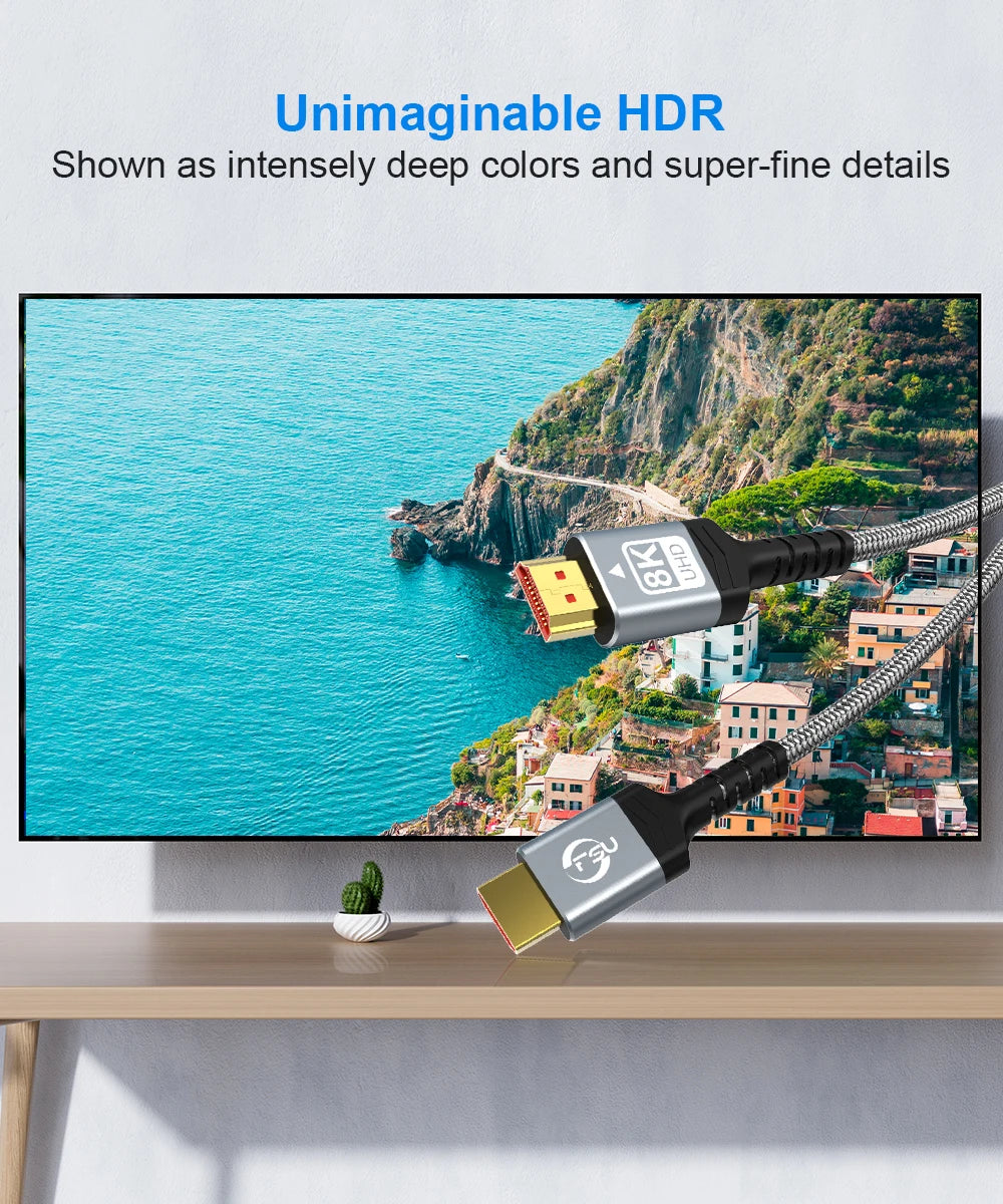 FSU 8K 4K HDMI Cable 48Gbps,Braided Cord-4K@120Hz 8K@60Hz, DTS:X, HDCP 2.2 & 2.3,HDR 10 Compatible with Roku TV/PS5/HDTV/Blu-ray