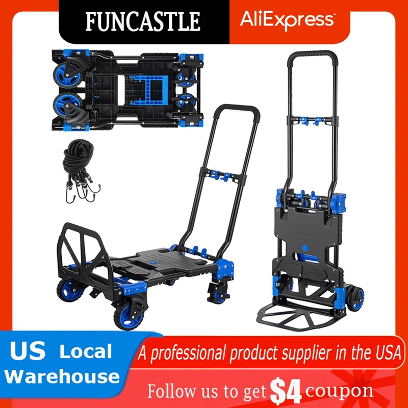 2 in 1 Folding Hand Truck Aluminum Trolley Portable Handcart 4 Wheel Flatbed Truck Outdoor Camp Wagon Multifunction Luggage Cart