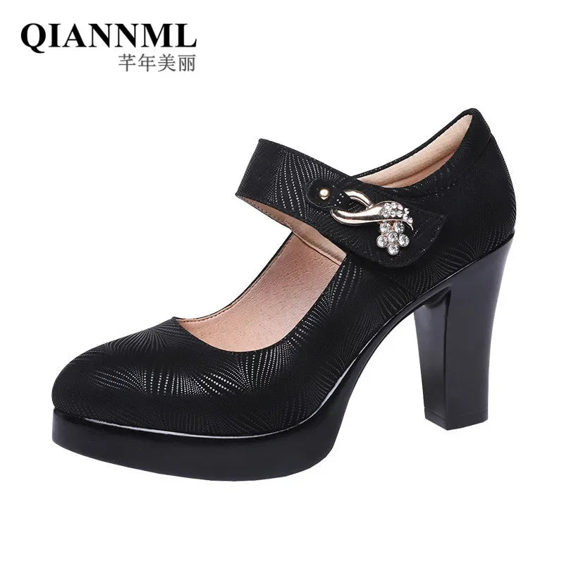6cm 8cm 10cm Block Heel Platform Pumps Women Shoes 2024 Spring Floral Black High Heels Shoes Ladies Elegant Office Shoe 41 42 43