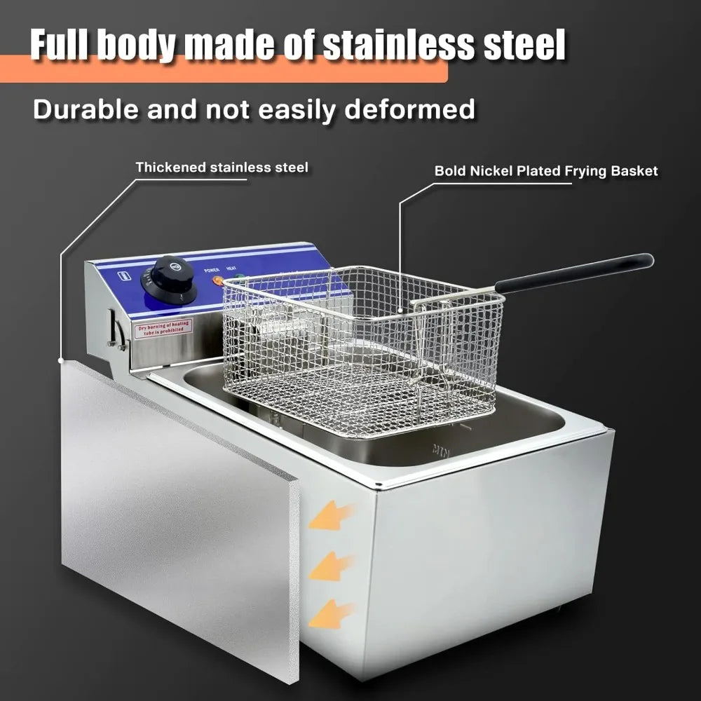 Electric Deep Fryer Countertop Stainless Steel Deep Fryer W/ Temperature Control Single Large Tank French Fries