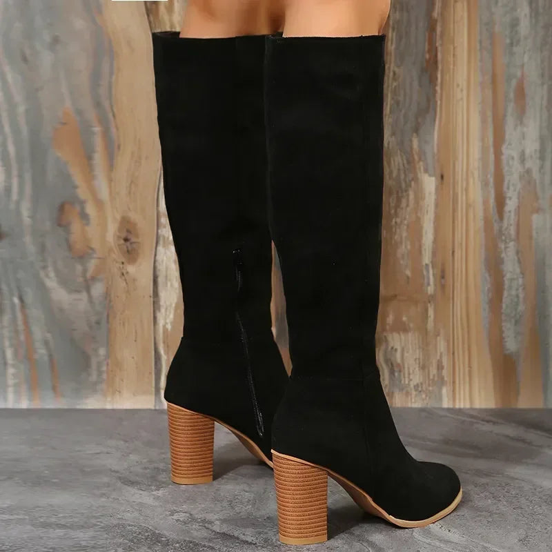Women Retro High Heels Boots Western Cowboy Chunky Shoes Winter New Warm Plush Leather Knee High Long Suede Boots 2024