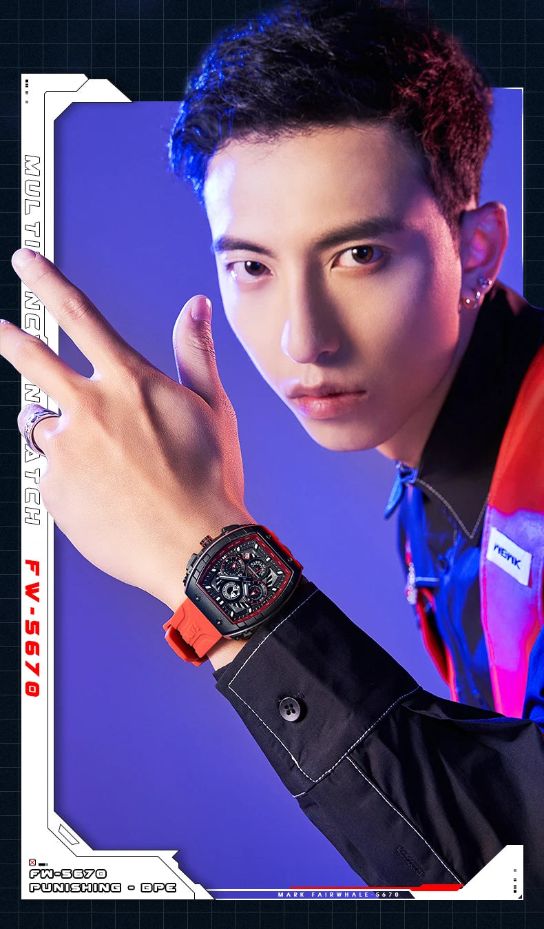 Luxury Watch Mens Fashion Brand Mark Fairwhale Sports Silicone Strap Clock Tonneau Chronograph Quartz Wristwatch Boy Dropshiping