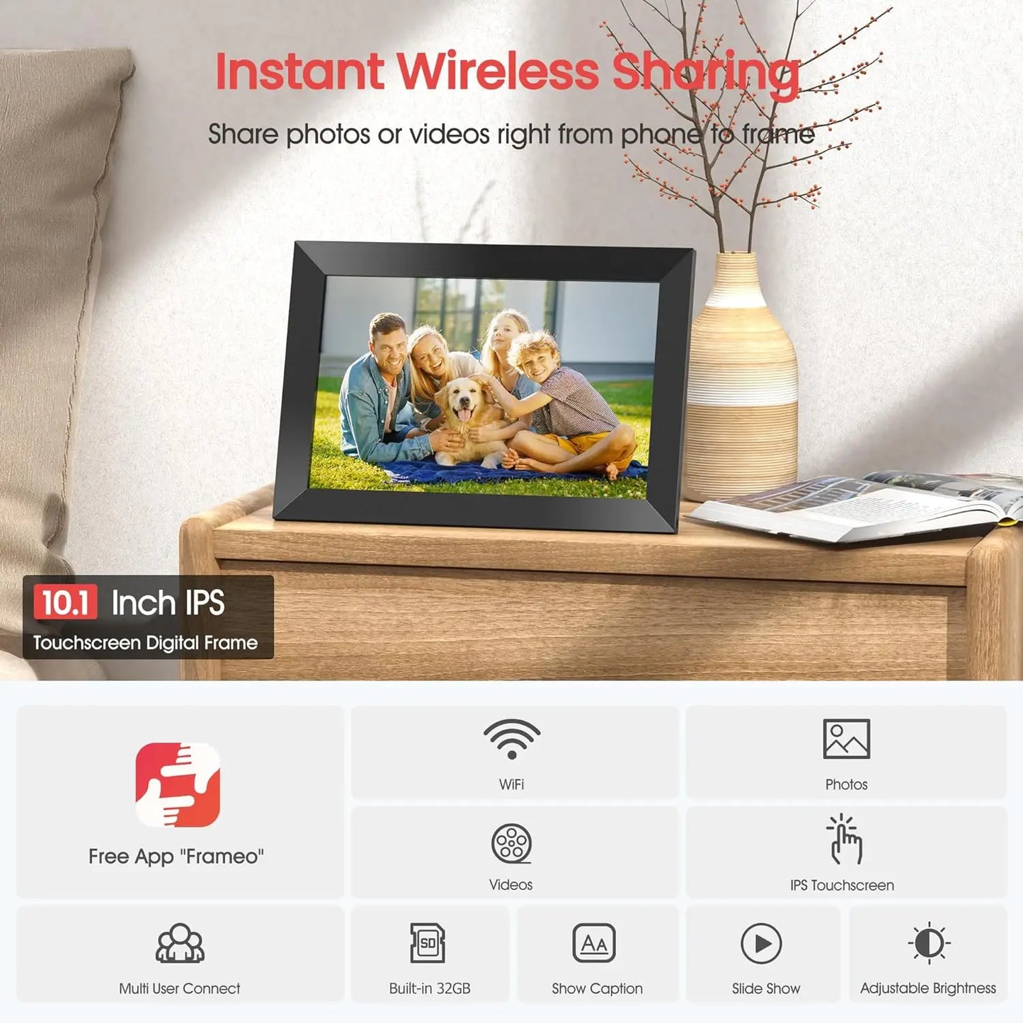 Frameo 10.1 Inch WiFi Digital Picture Frame,1280*800IPS HD Cloud Smart Digital Photo Frame,32GB Storage, Wall Mountable,For Mum
