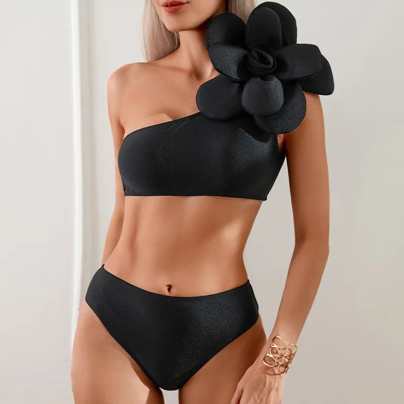 3D Flower 3 Piece Swimsuit for Women,2024 High Waist Beach Skirt Bikini,sexy Single Shoulder Backless Summer Vacation Swimwear