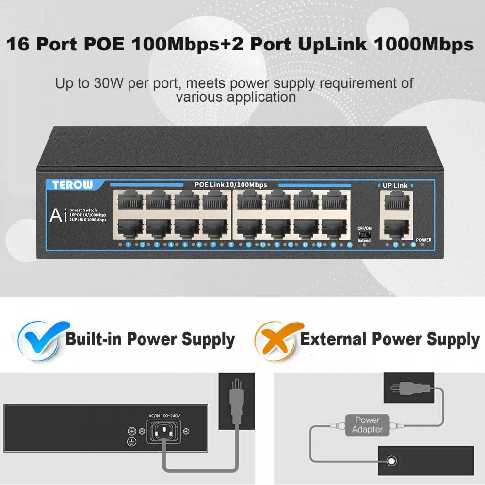 Terow Ethernet Switch POE Gigabit Switch 100Mbps RJ45 LAN Fast Network POE Switch 16 Port Ethernet Splitter for Wifi Router