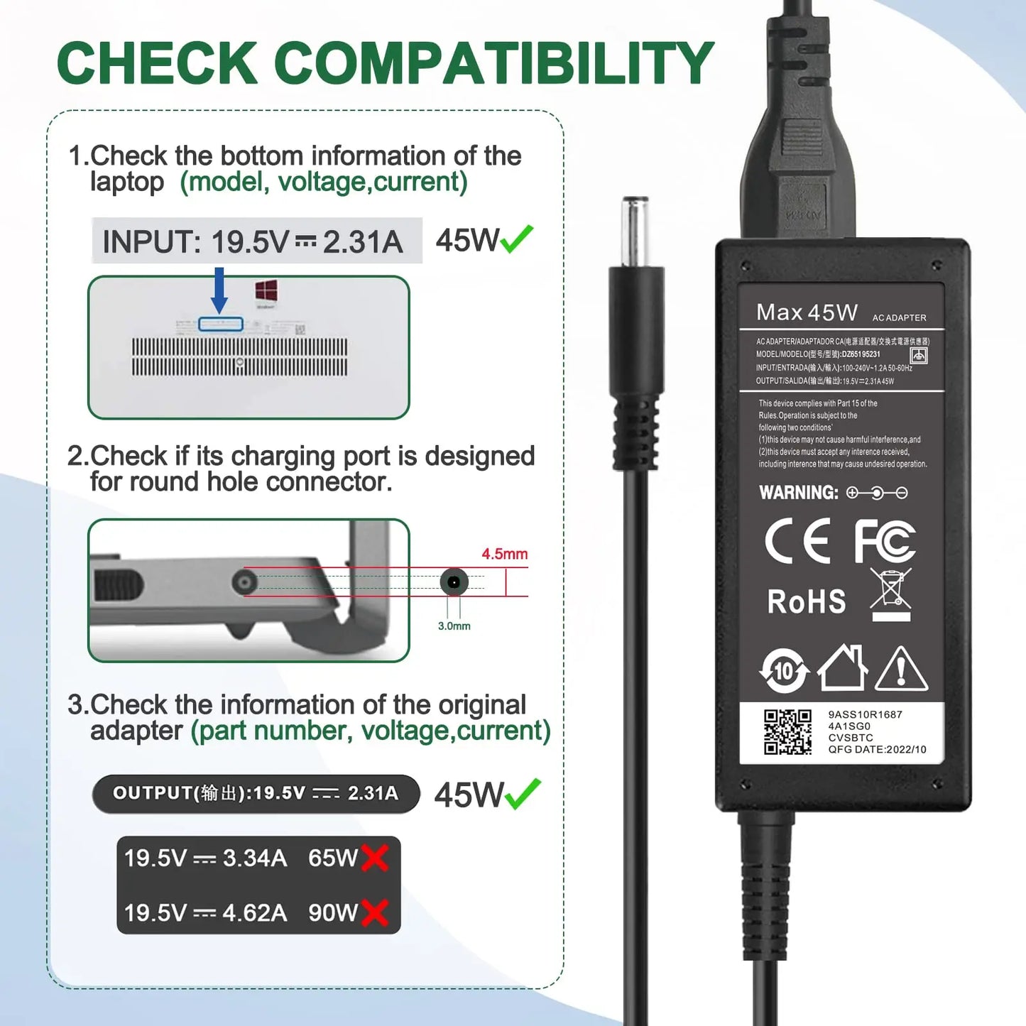 65W Charger for Dell Laptop Charger,AC Adapter for Dell Inspiron 15 3000 5000 Series Laptop Power Supply Cord