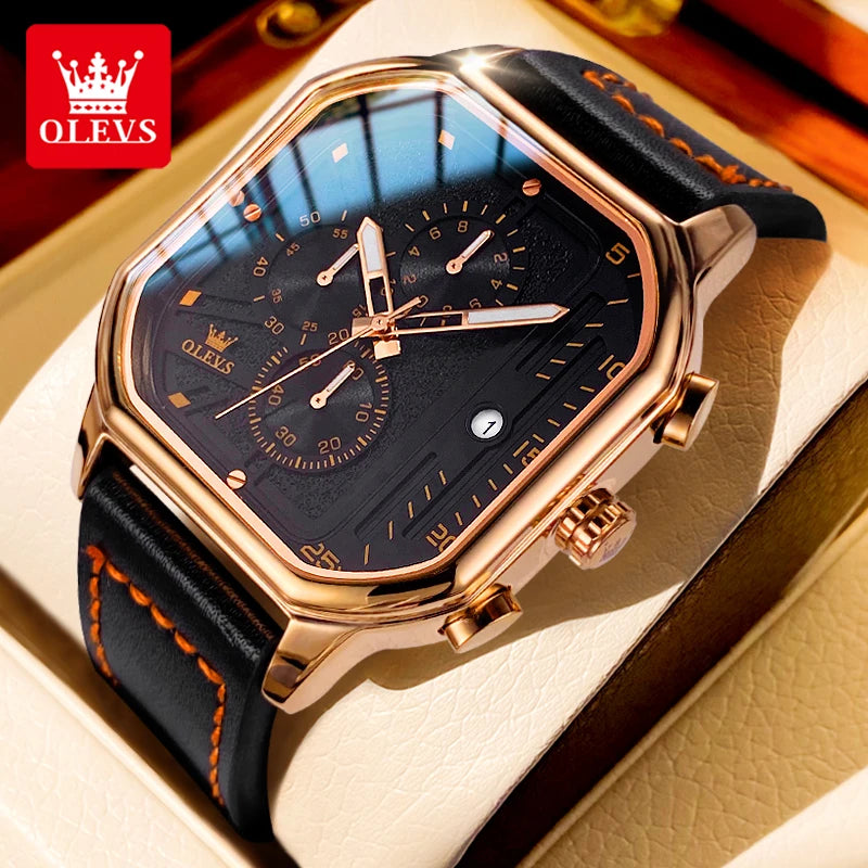 OLEVS 9950 Watches for Men Quartz Chronograph Leather Fashion Dress Watch Date Waterproof Luminous Casual Square Man Wristwatch