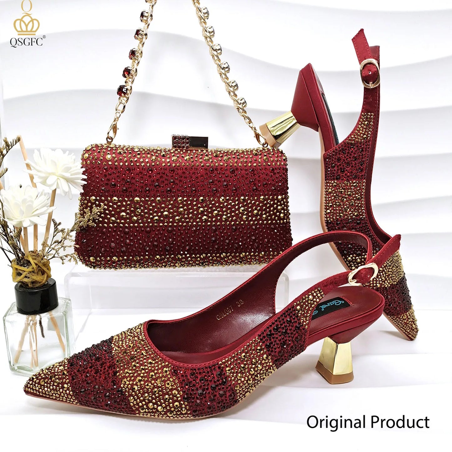 QSGFC INS 2024 Gold Color Elegant Women Heels Shoes and Bag Set Hollow Rhinestones High Heels Wedges Shoes Matching Bag