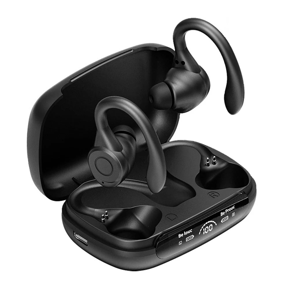 Wireless Bluetooth Headset Ear Hook Sports HiFI Stereo Headphones Waterproof Headset Noise Reduction LED Display Running Earbuds