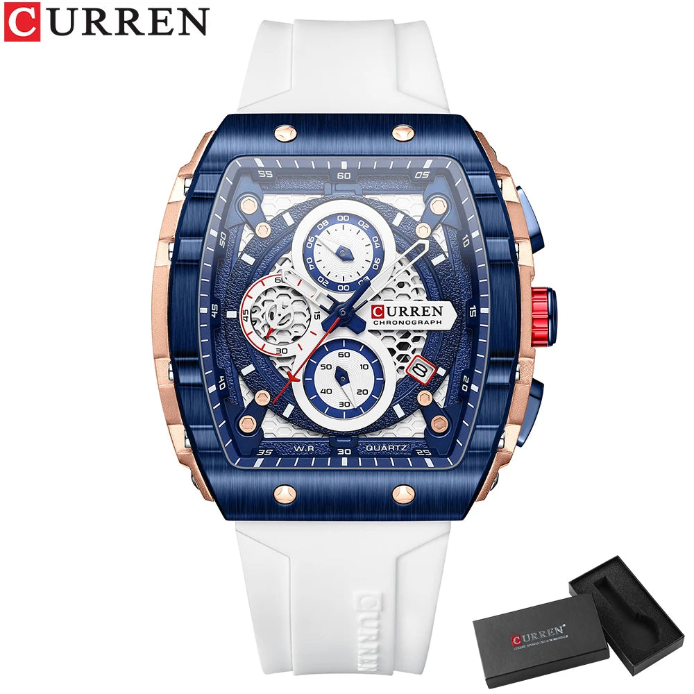 CURREN Fashion Sports Watches with Large Dial Unique RectangularHollow Design Quartz Wristwatches with Chrongraph Auto Date 8442