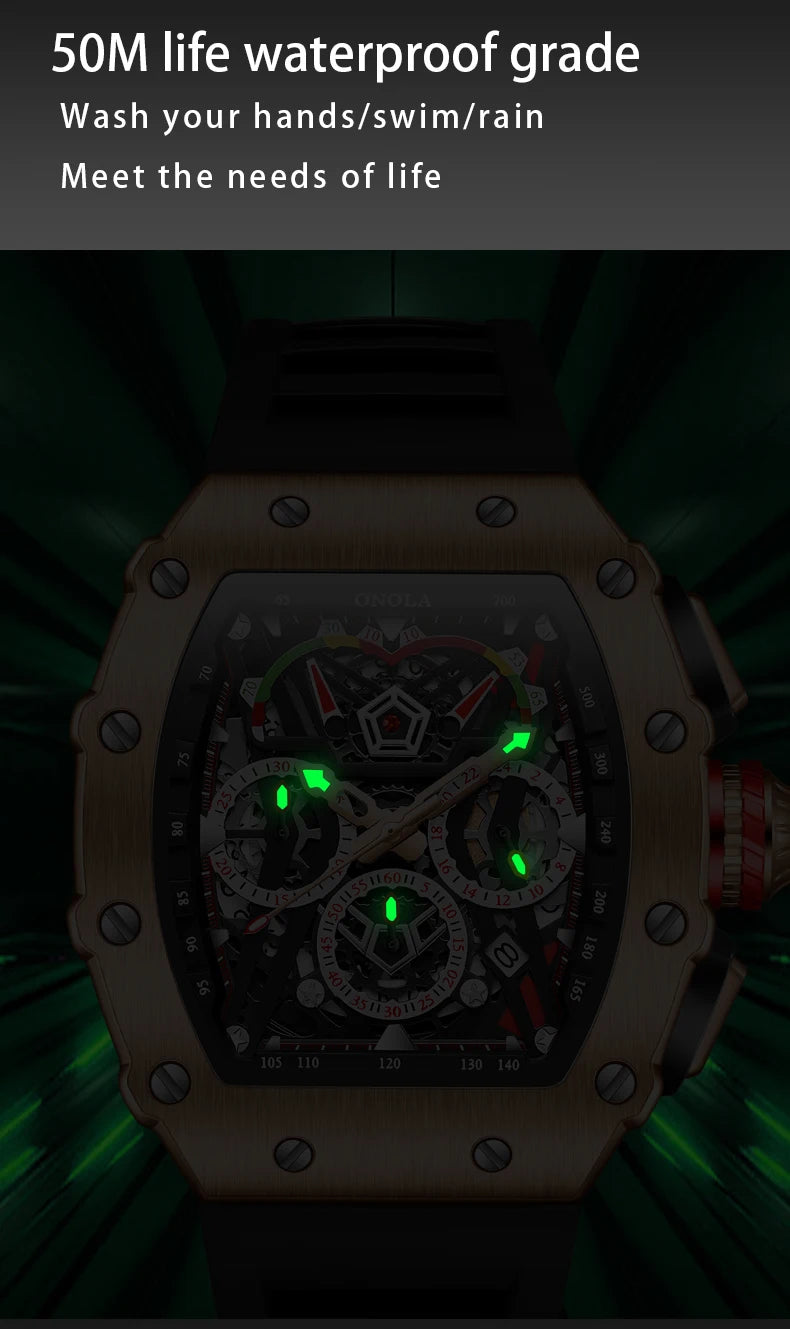 Fashion Watch For Mens Top Brand ONOLA Sports Silicone Strap Quartz Watches Auto Date Luxury Tonneau Clock Man Gift Dropshipping