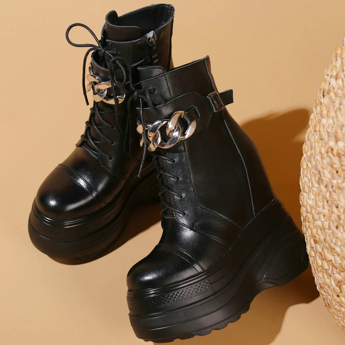 16cm High Heel Pumps Plus Size Shoes Women Genuine Leather Wedges Snow Boots Female Winter Round Toe Sneakers Big Size Shoes