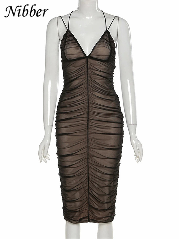 Nibber Sexy Mesh Pleated Long Prom Dresses For Women's Clothing 2023 Solid Color Beach Party Wear Midi Wrap Dress Street Outfit