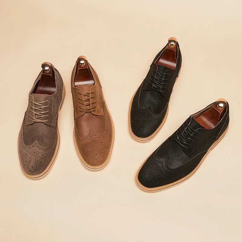 Man Derby Shoes Genuine Split Suede Leather Full Brogue Long Wing Dress Business Men Casual Comfortable Wedding Party Suits