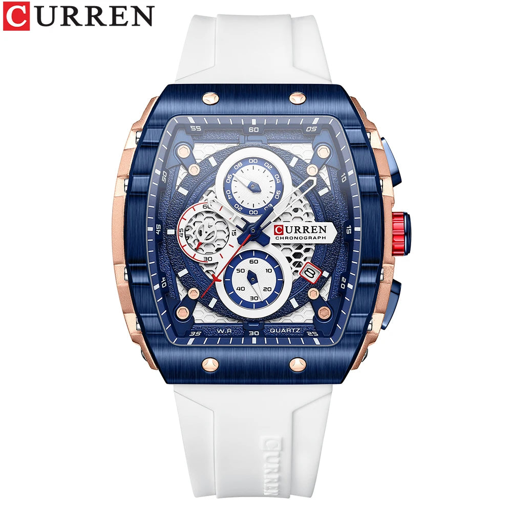 CURREN Fashion Sports Watches with Large Dial Unique RectangularHollow Design Quartz Wristwatches with Chrongraph Auto Date 8442