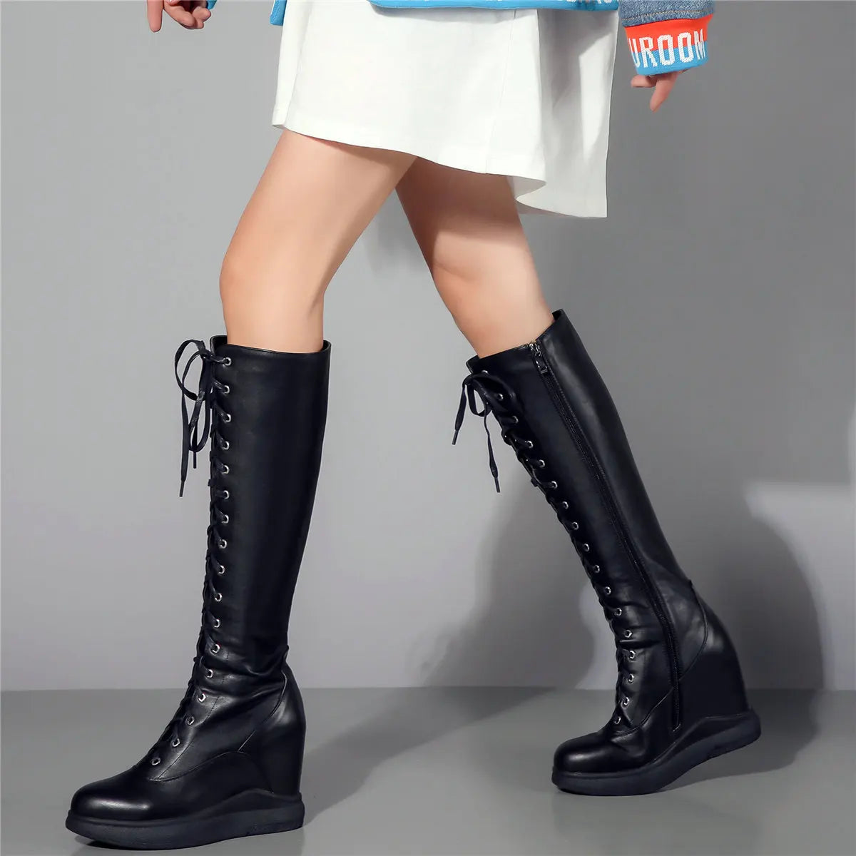 Winter Shoe Plus Size Shoes Women Genuine Leather Wedges High Heel Knee High Boots Female Round Toe Platform Pumps Big Size Shoe