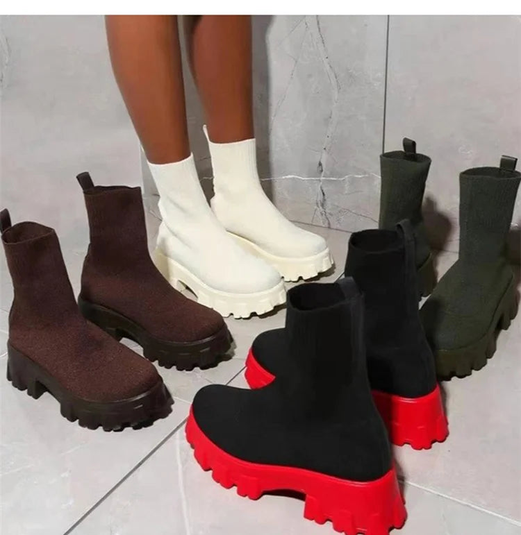 Women Boots Short Knitting Platform Boots Autumn Winter Shoes For Women Ankle Boots Heels White Winter Botas Mujer
