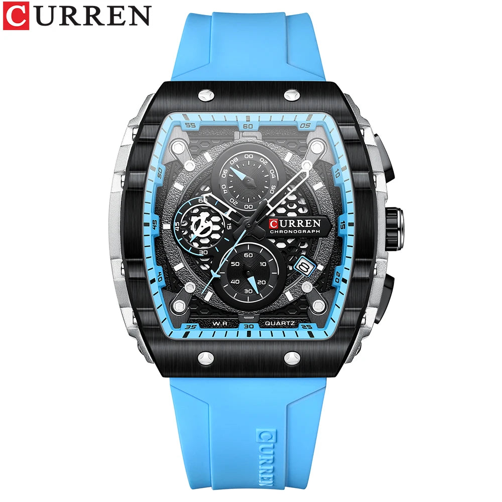 CURREN Fashion Sports Watches with Large Dial Unique RectangularHollow Design Quartz Wristwatches with Chrongraph Auto Date 8442